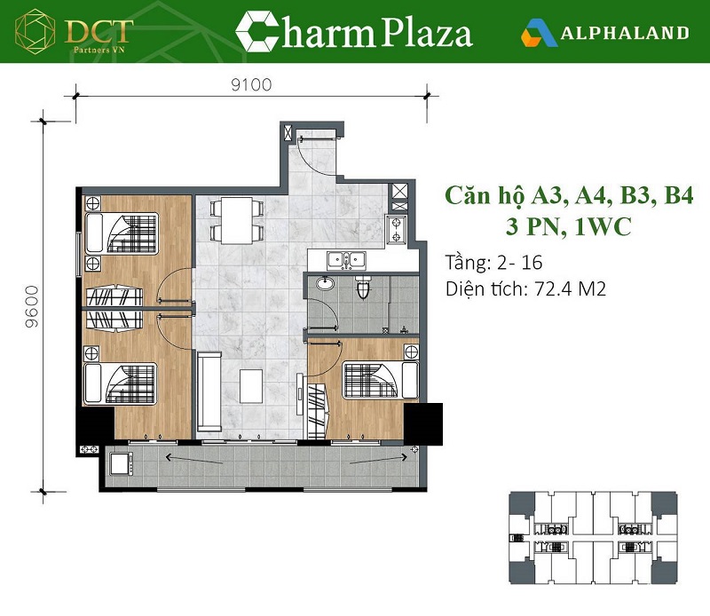 thiết kế căn hộ charm plaza 3pn-1wc