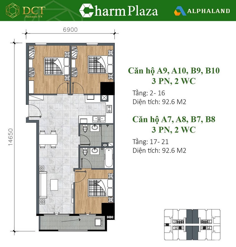 thiết kế căn hộ charm plaza 3pn-2wc 92m2
