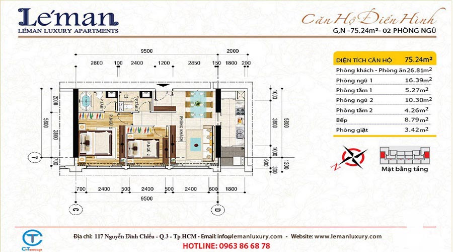 Thiết kế căn hộ 2pn 75m2 Léman Luxury Apartment Quận 3