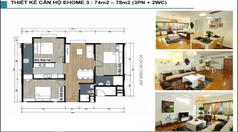 Thiết kế căn hộ 3Pn 74-78m2 Ehome 3 Bình Tân