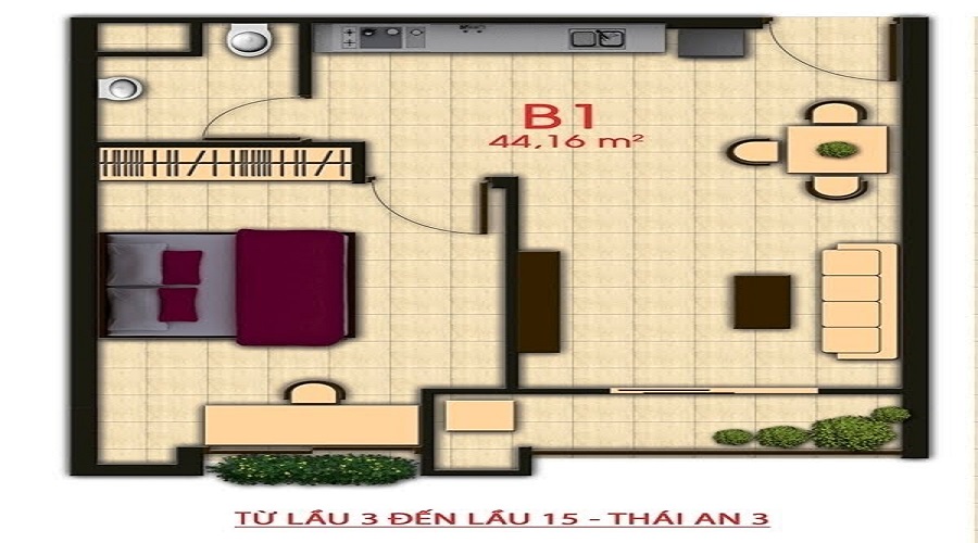 Thiết kế căn hộ 44m2 dự án Thái An Quận 12