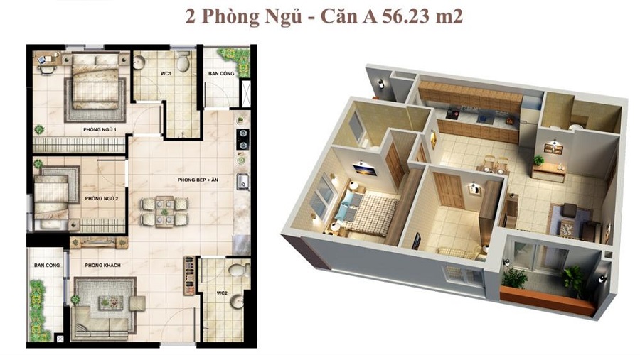 Thiết kế căn hộ A 56.23m2 Vision 1 Bình Tân