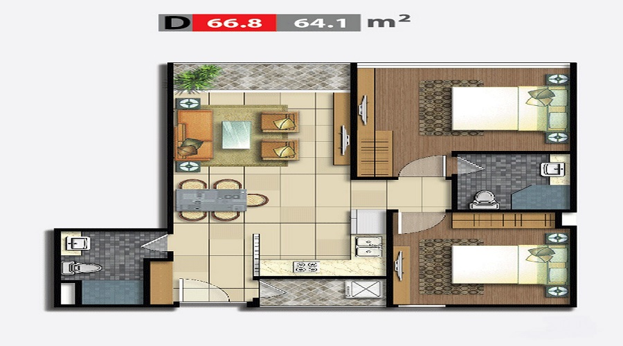 Thiết kế chi tiết căn hộ 2 Phòng Ngủ 64m2 Charmington Quận 10