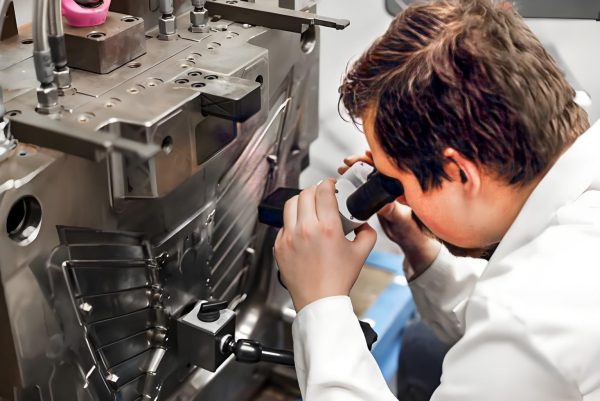 Engineering team reviewing plastic part modifications