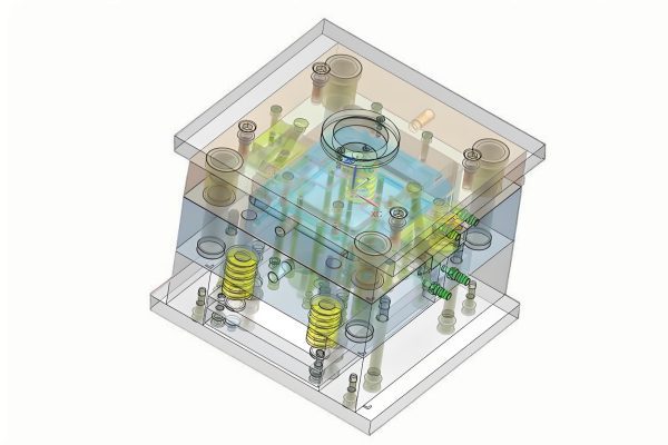 Engineers reviewing updated production documentation for 3D mold manufacturing
