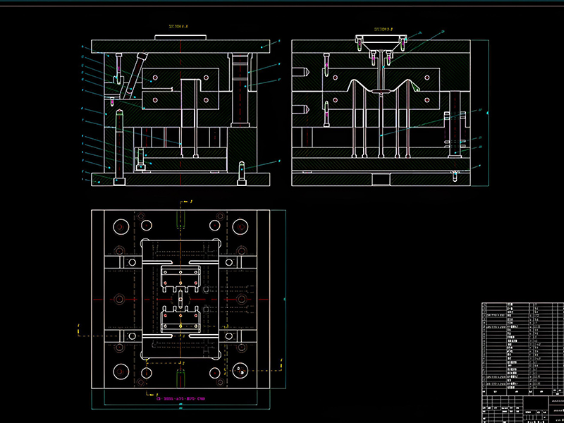 Injection mold assembly drawing showing tolerance specifications